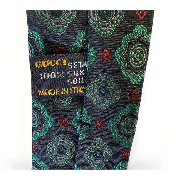 VTG GUCCI 100% Silk Tie Navy Green Medallion Print Vintage 1990s Made In Italy - Picture 12 of 14
